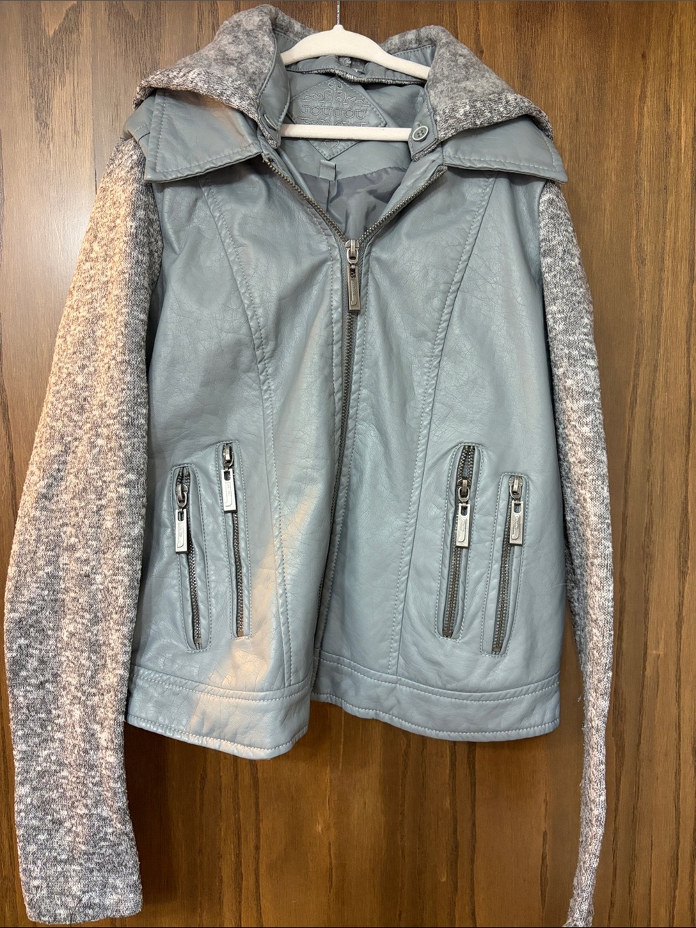 Jou Jou Light Gray & Heather Gray Leather and Sweater Hooded Jacket